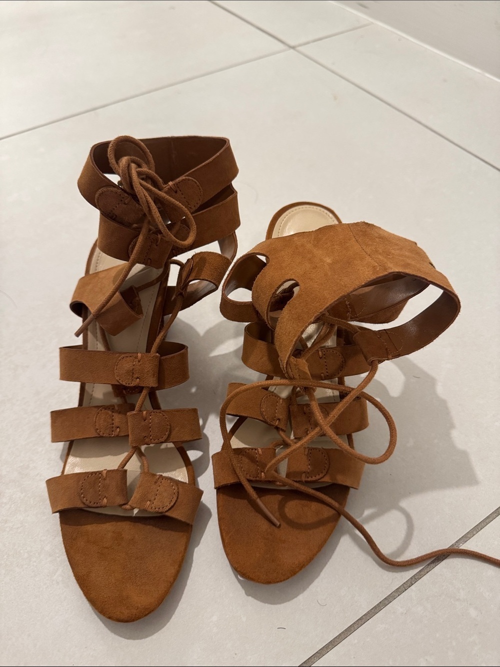 Marc Fisher Cognac Suede Lace-Up Gladiator Heels